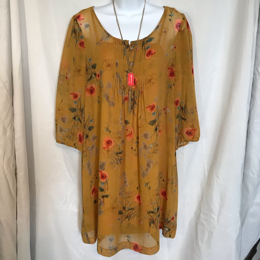 KENSIE Mustard Yellow Floral Sheer Dress